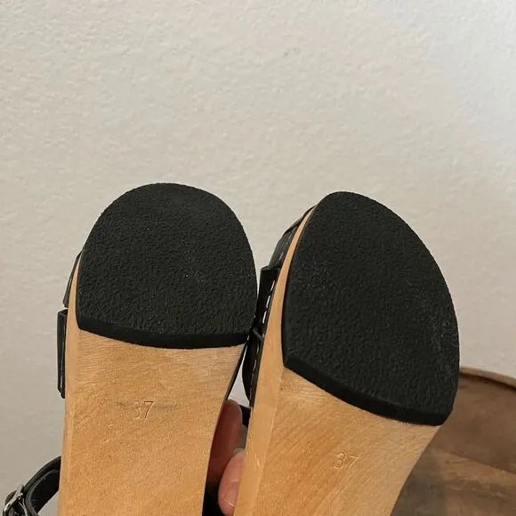 Swedish Hasbeens Black Leather Wood Katja High Clog Sandals Women's Size 37 US 7