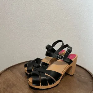 Swedish Hasbeens Black Leather Wood Katja High Clog Sandals Women's Size 37 US 7