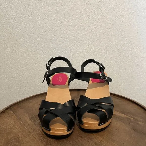 Swedish Hasbeens Black Leather Wood Katja High Clog Sandals Women's Size 37 US 7
