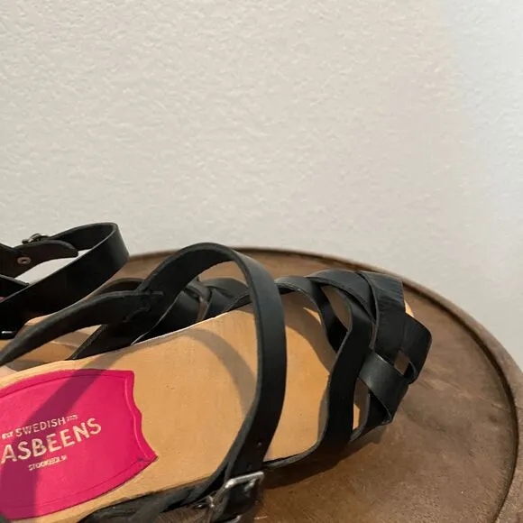 Swedish Hasbeens Black Leather Wood Katja High Clog Sandals Women's Size 37 US 7