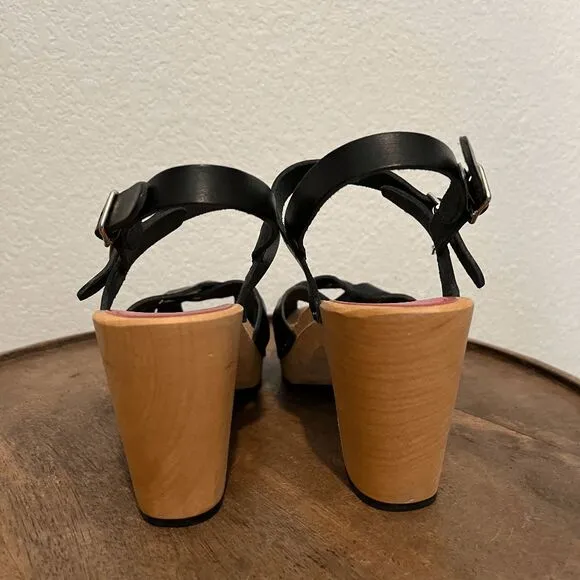 Swedish Hasbeens Black Leather Wood Katja High Clog Sandals Women's Size 37 US 7