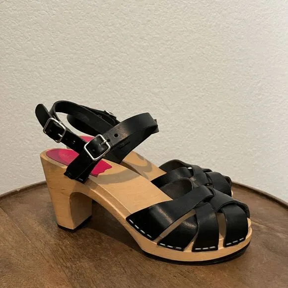 Swedish Hasbeens Black Leather Wood Katja High Clog Sandals Women's Size 37 US 7