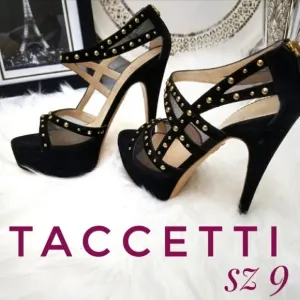 Taccetti ‘Margot’ Studded black Suede Mesh Platform stilettos heels sz 39=8.5/9