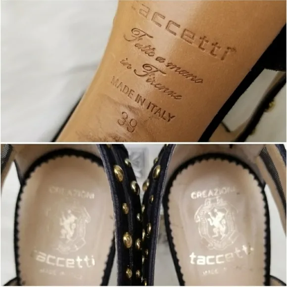 Taccetti ‘Margot’ Studded black Suede Mesh Platform stilettos heels sz 39=8.5/9