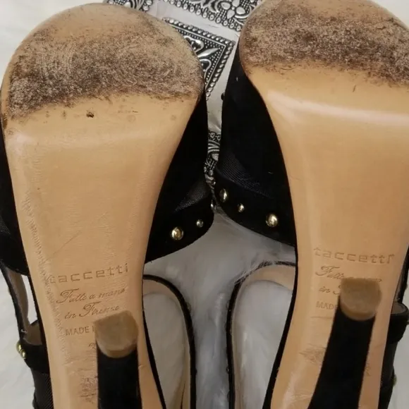 Taccetti ‘Margot’ Studded black Suede Mesh Platform stilettos heels sz 39=8.5/9