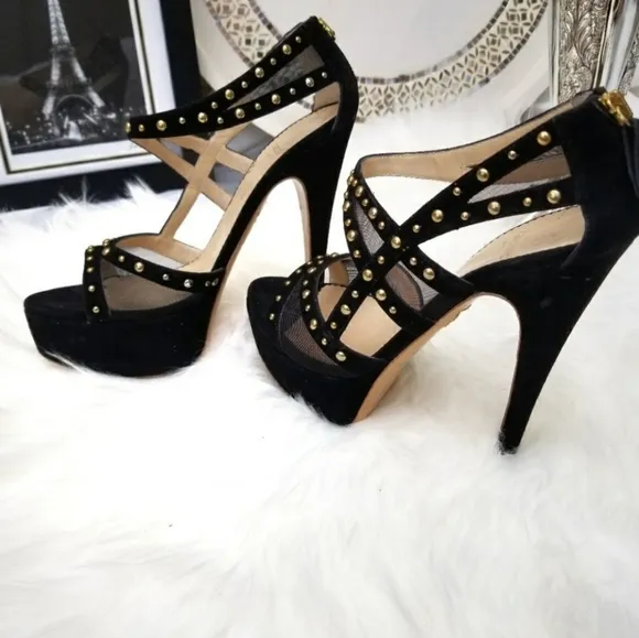 Taccetti ‘Margot’ Studded black Suede Mesh Platform stilettos heels sz 39=8.5/9