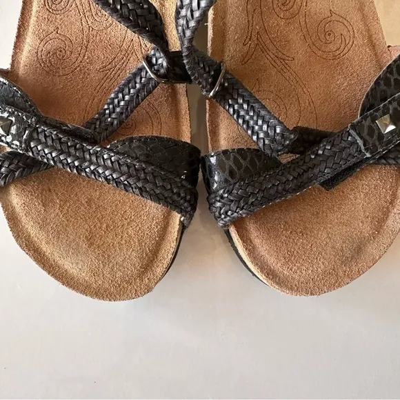 Taos Trulie Black Woven Braided Leather Strappy Sandals Sz 6-6.5 Cork Snake Skin