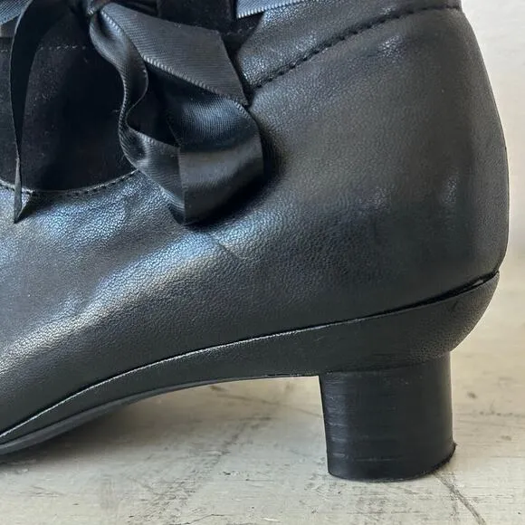 Think! Leather suede lace bow square toe block heel coquette prairie steampunk 7