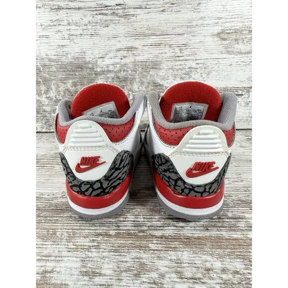 Toddler Nike Air Jordan 3 Retro 'Fire Red' White Leather Sneakers Sz 7C
