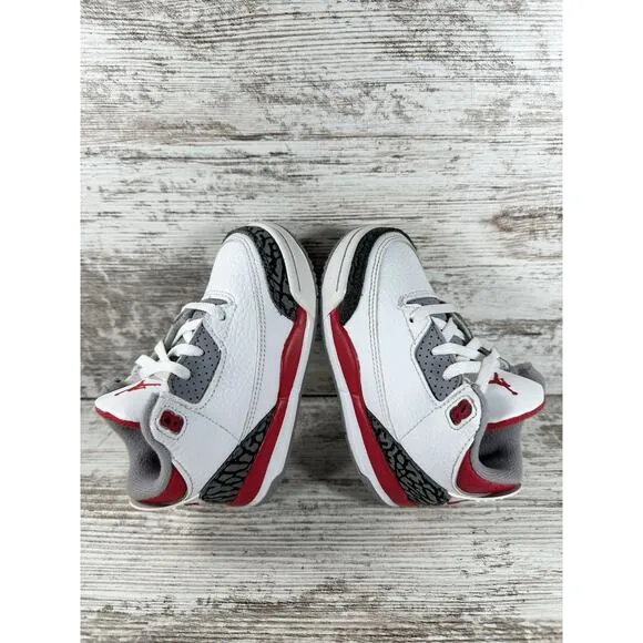 Toddler Nike Air Jordan 3 Retro 'Fire Red' White Leather Sneakers Sz 7C