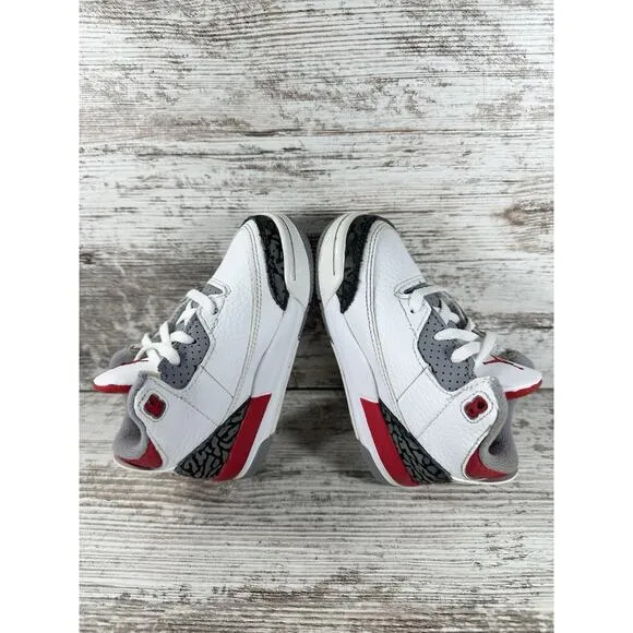 Toddler Nike Air Jordan 3 Retro 'Fire Red' White Leather Sneakers Sz 7C