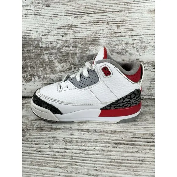 Toddler Nike Air Jordan 3 Retro 'Fire Red' White Leather Sneakers Sz 7C