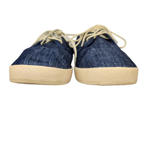 Toms Shoes Mens 9 Blue Denim Fabric Cream Low Tops Comfy Lace Up Sneakers
