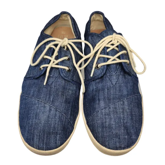 Toms Shoes Mens 9 Blue Denim Fabric Cream Low Tops Comfy Lace Up Sneakers