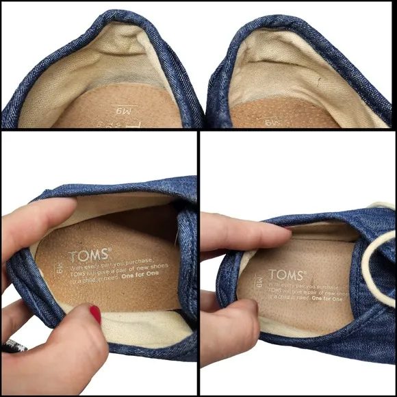 Toms Shoes Mens 9 Blue Denim Fabric Cream Low Tops Comfy Lace Up Sneakers