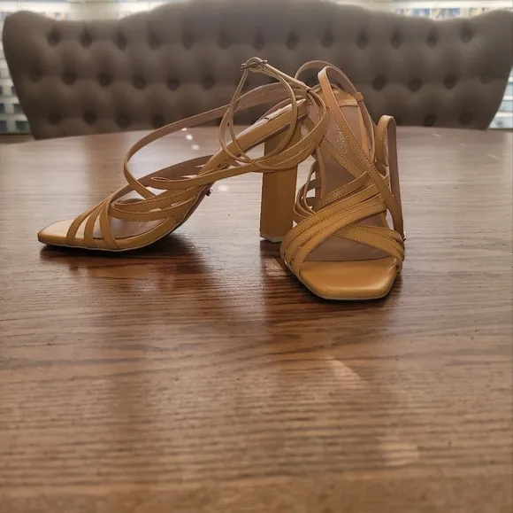 Tony Bianco Yellow Genuine Leather Criss Cross Strappy Block Sandal Shoes Heels