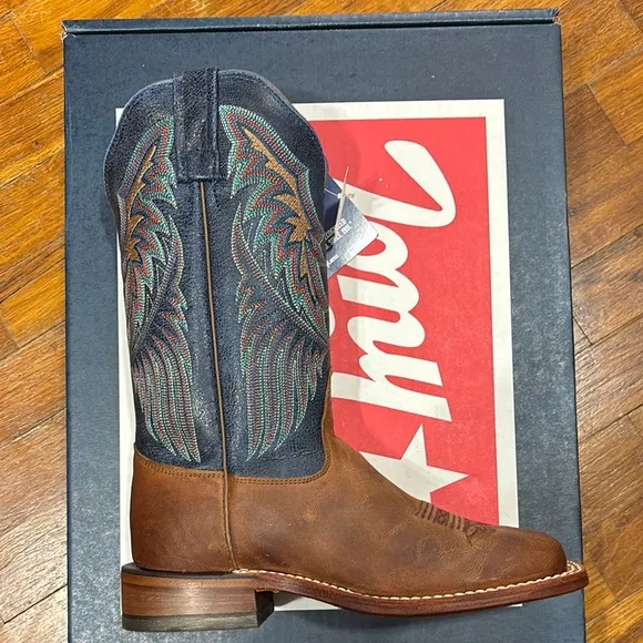 Tony Lama Brown and Blue Heeled Boots with Western Flair