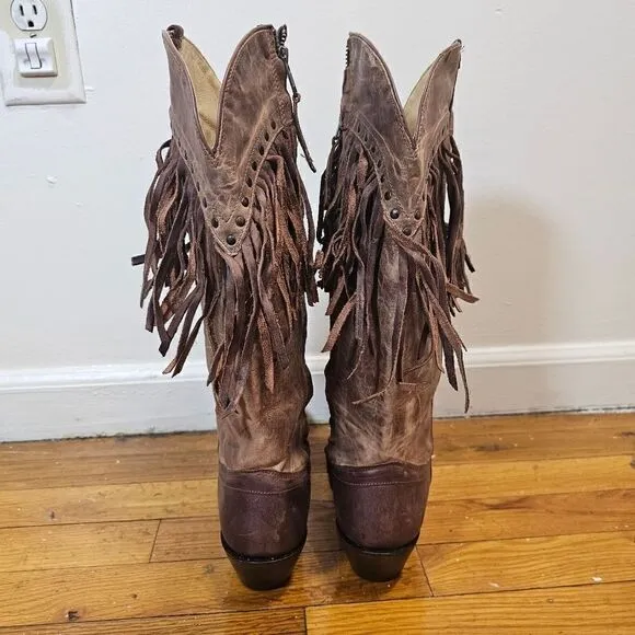 Tony Lama Women's 8.5 B Brown Leather Studs Fringe Zip Up Ride Boots VF3036 NWT