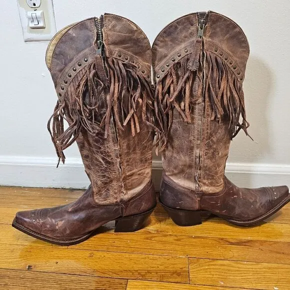 Tony Lama Women's 8.5 B Brown Leather Studs Fringe Zip Up Ride Boots VF3036 NWT