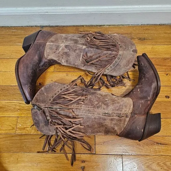 Tony Lama Women's 8.5 B Brown Leather Studs Fringe Zip Up Ride Boots VF3036 NWT
