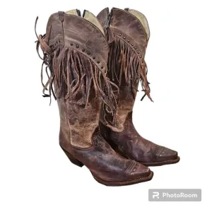Tony Lama Women's 8.5 B Brown Leather Studs Fringe Zip Up Ride Boots VF3036 NWT