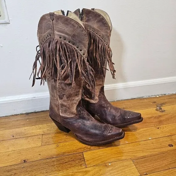 Tony Lama Women's 8.5 B Brown Leather Studs Fringe Zip Up Ride Boots VF3036 NWT