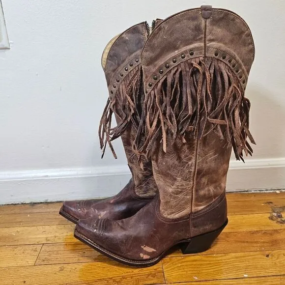 Tony Lama Women's 8.5 B Brown Leather Studs Fringe Zip Up Ride Boots VF3036 NWT
