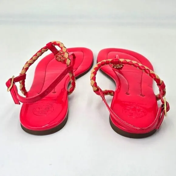 Tory Burch Aine T Strap Sandals Pink Patent Leather Woven Thong Flats Women's 9M