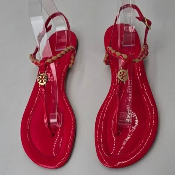 Tory Burch Aine T Strap Sandals Pink Patent Leather Woven Thong Flats Women's 9M