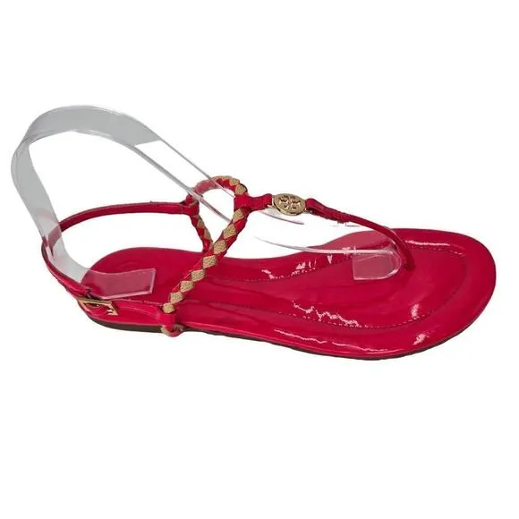 Tory Burch Aine T Strap Sandals Pink Patent Leather Woven Thong Flats Women's 9M