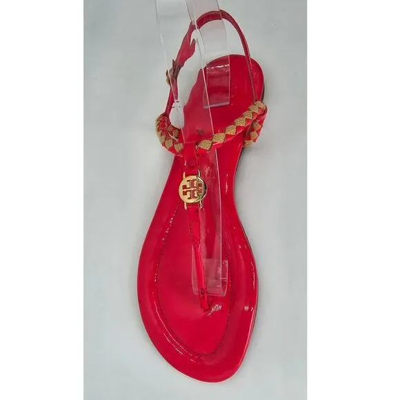 Tory Burch Aine T Strap Sandals Pink Patent Leather Woven Thong Flats Women's 9M
