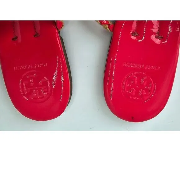 Tory Burch Aine T Strap Sandals Pink Patent Leather Woven Thong Flats Women's 9M