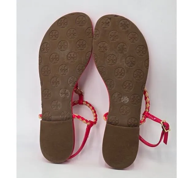 Tory Burch Aine T Strap Sandals Pink Patent Leather Woven Thong Flats Women's 9M