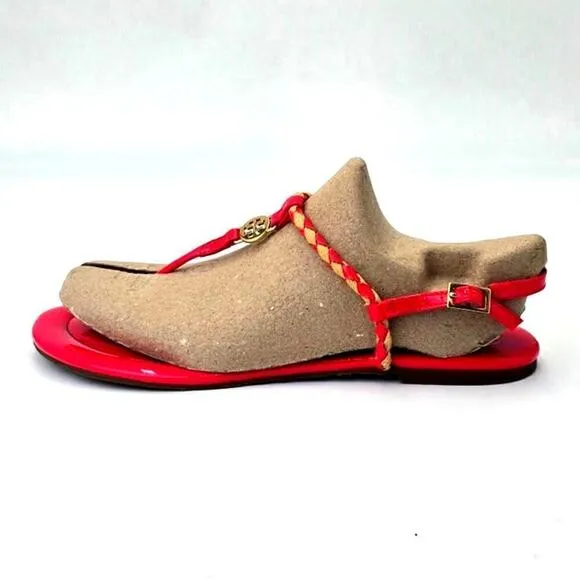 Tory Burch Aine T Strap Sandals Pink Patent Leather Woven Thong Flats Women's 9M