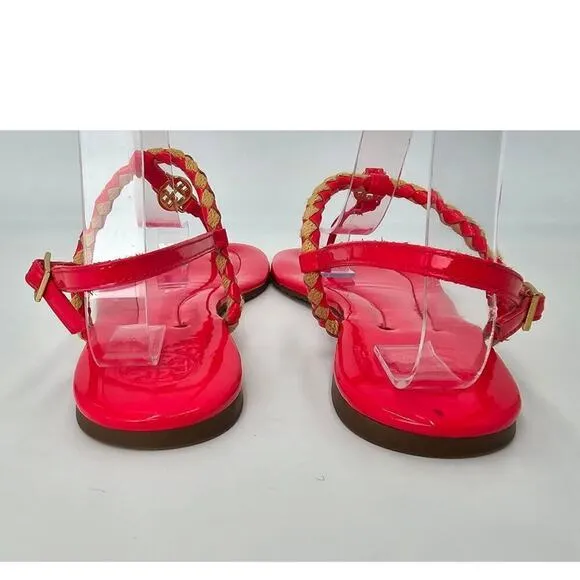 Tory Burch Aine T Strap Sandals Pink Patent Leather Woven Thong Flats Women's 9M