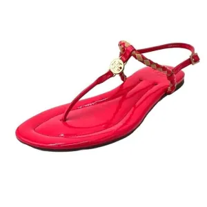 Tory Burch Aine T Strap Sandals Pink Patent Leather Woven Thong Flats Women's 9M