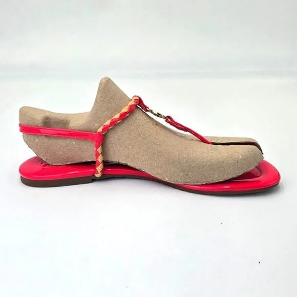 Tory Burch Aine T Strap Sandals Pink Patent Leather Woven Thong Flats Women's 9M