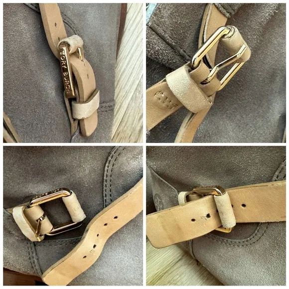 Tory Burch Bennie Taupe Suede Leather Buckle Boots