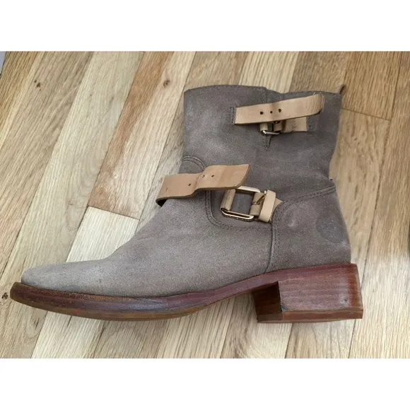 Tory Burch Bennie Taupe Suede Leather Buckle Boots
