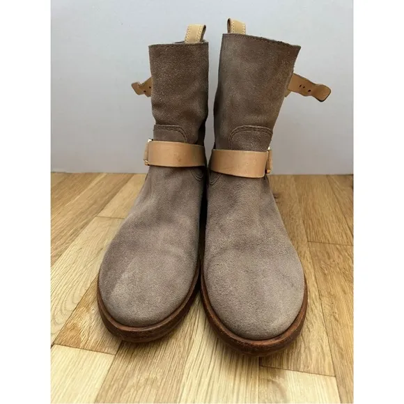 Tory Burch Bennie Taupe Suede Leather Buckle Boots