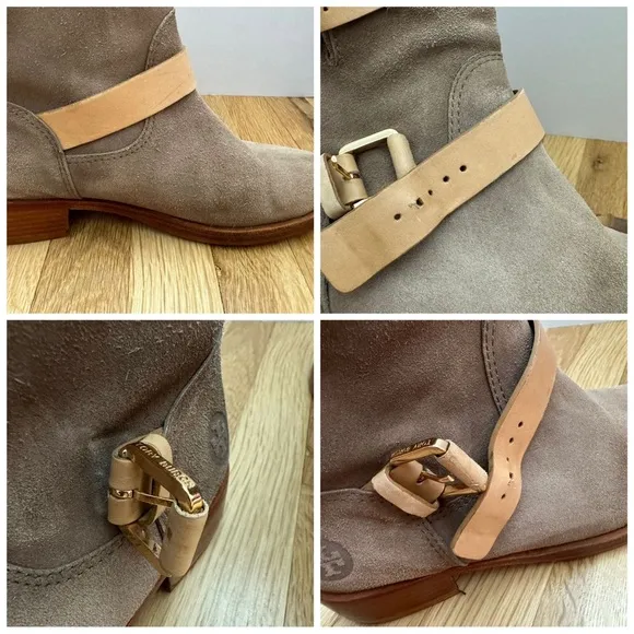 Tory Burch Bennie Taupe Suede Leather Buckle Boots