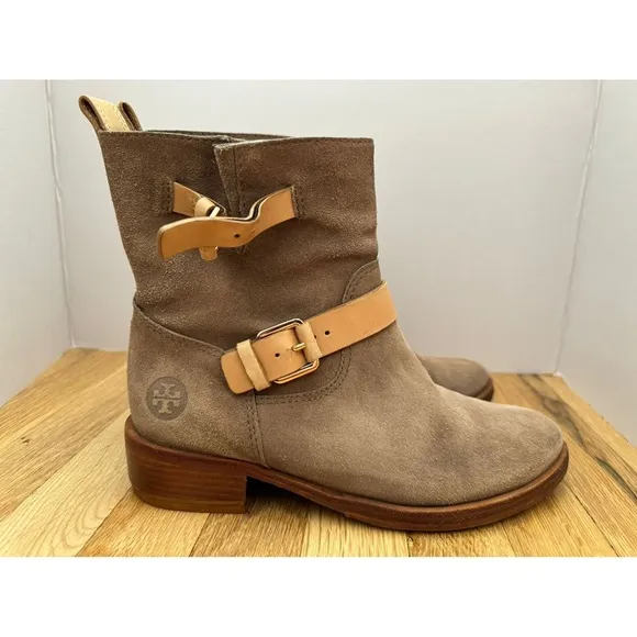 Tory Burch Bennie Taupe Suede Leather Buckle Boots