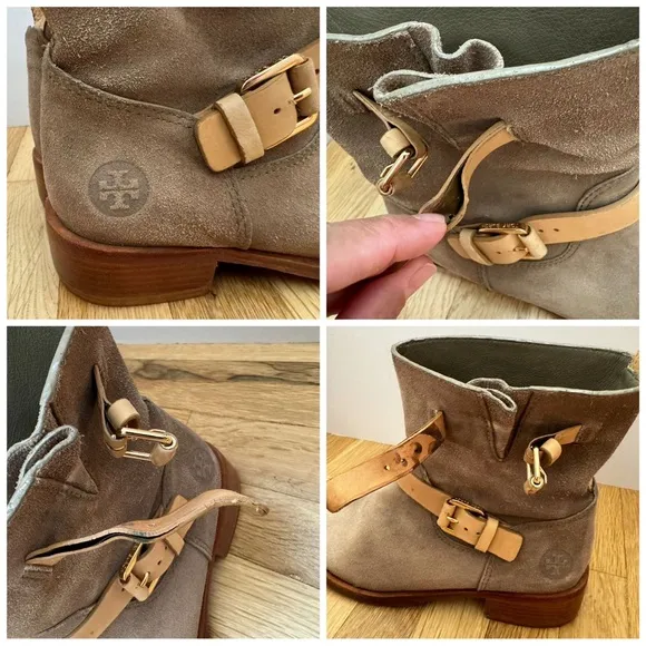 Tory Burch Bennie Taupe Suede Leather Buckle Boots