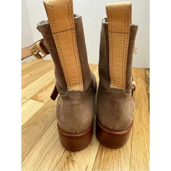 Tory Burch Bennie Taupe Suede Leather Buckle Boots