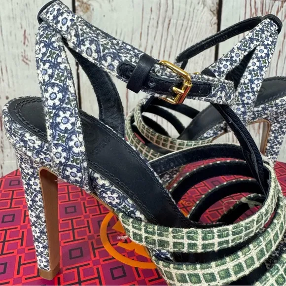 Tory Burch Charlene 100mm Women's Blue Printed linen Sandals size 7.5 NIB