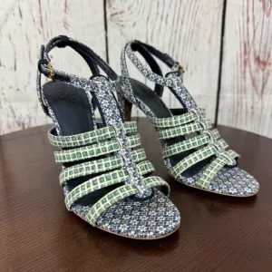 Tory Burch Charlene 100mm Women's Blue Printed linen Sandals size 7.5 NIB