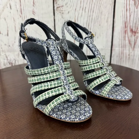 Tory Burch Charlene 100mm Women's Blue Printed linen Sandals size 7.5 NIB