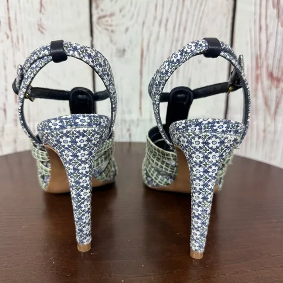 Tory Burch Charlene 100mm Women's Blue Printed linen Sandals size 7.5 NIB