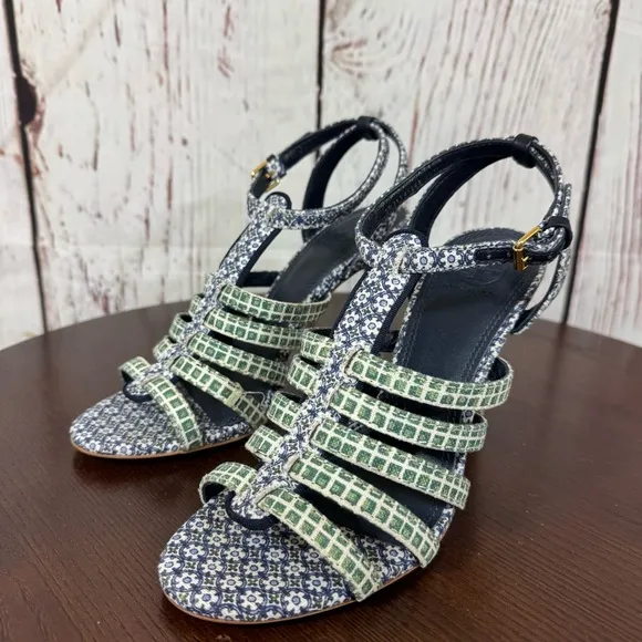 Tory Burch Charlene 100mm Women's Blue Printed linen Sandals size 7.5 NIB