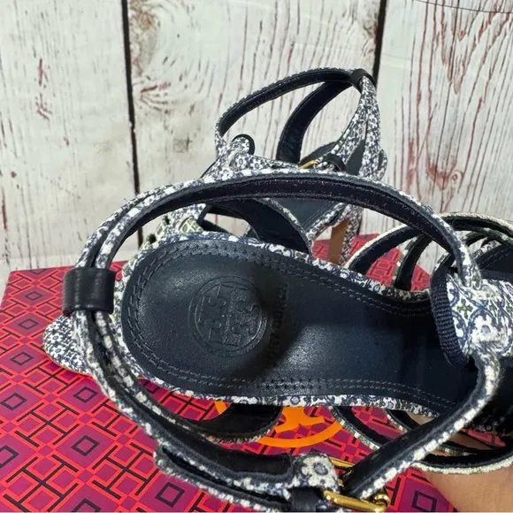 Tory Burch Charlene 100mm Women's Blue Printed linen Sandals size 7.5 NIB